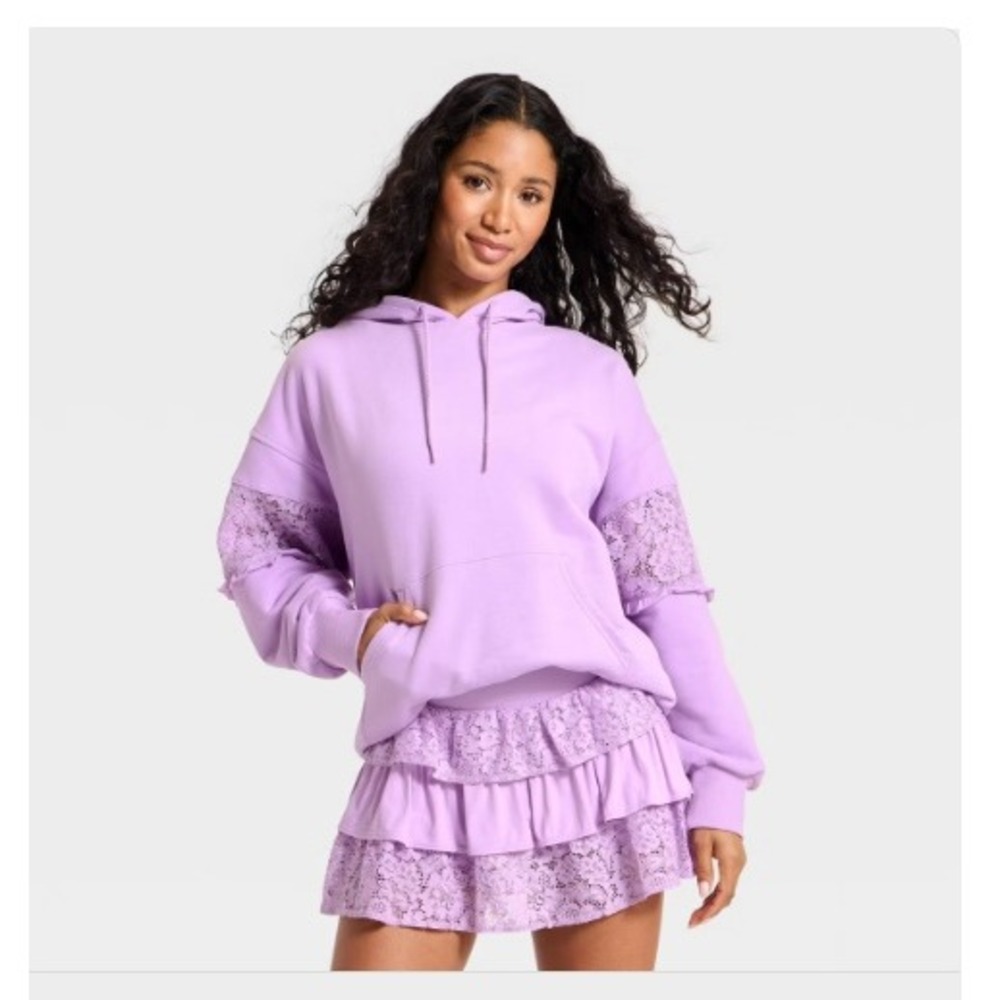 JoyLab Purple Hoodie Lace Ruffle Sleeve Pullover Sweatshirt L